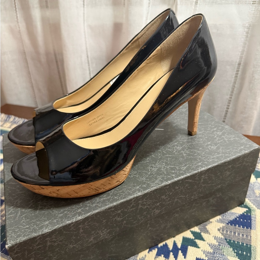 Via Spiga Black Patent Peep-Toe Cork Platform Pump